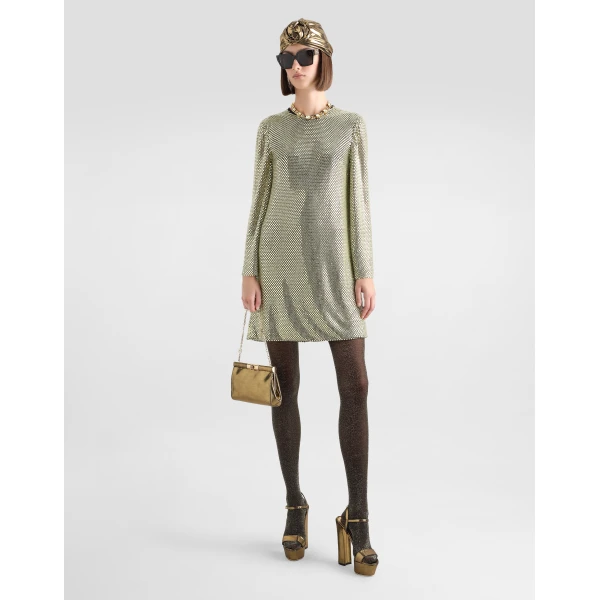 Dolce & Gabbana Short long-sleeved dress in crystal mesh, view 2