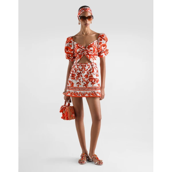 Dolce & Gabbana Short poplin dress in majolica-print poplin, view 2