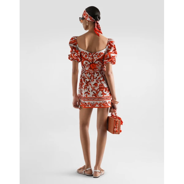 Dolce & Gabbana Short poplin dress in majolica-print poplin, view 3