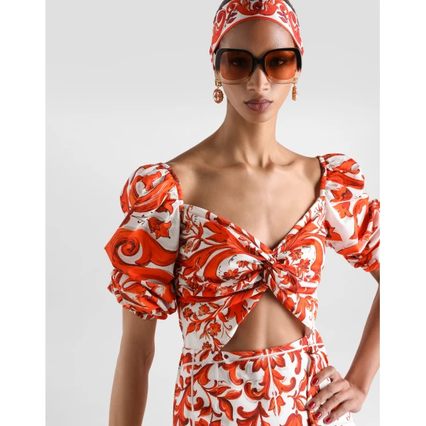 Dolce & Gabbana Short poplin dress in majolica-print poplin, view 4