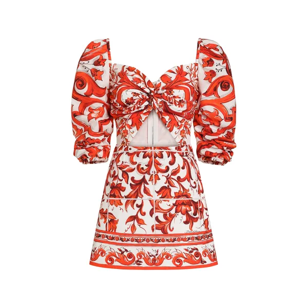 Dolce & Gabbana Short poplin dress in majolica-print poplin