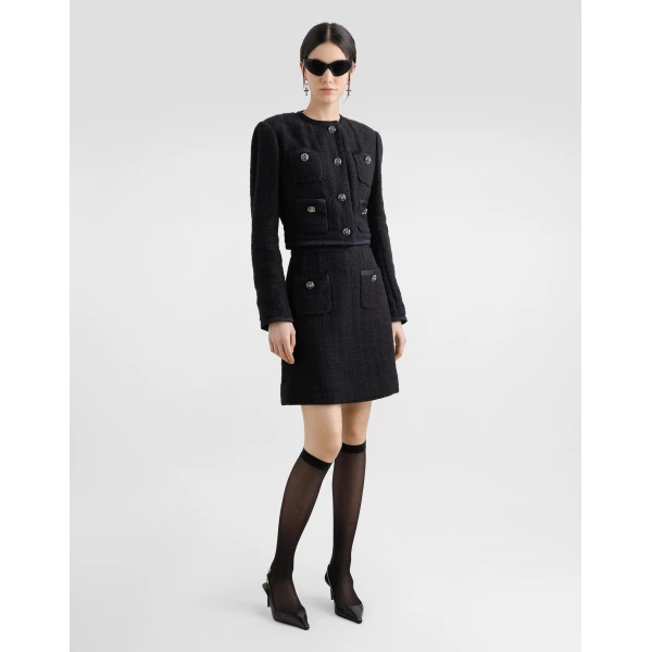 Dolce & Gabbana Short raschel tweed A-line skirt with bejeweled buttons, view 2