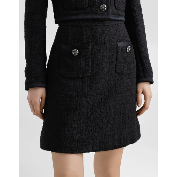Dolce & Gabbana Short raschel tweed A-line skirt with bejeweled buttons, view 5