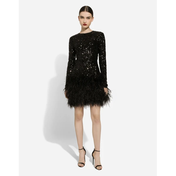Dolce & Gabbana Short sequined dress with feather trim, view 2