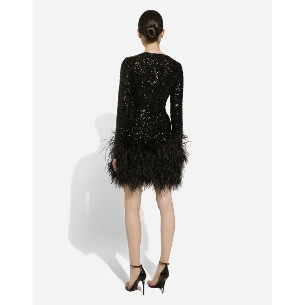 Dolce & Gabbana Short sequined dress with feather trim, view 3