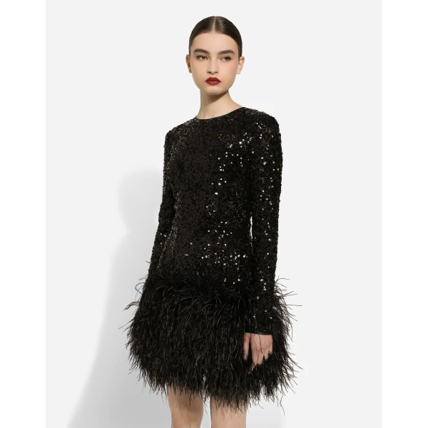 Dolce & Gabbana Short sequined dress with feather trim, view 4