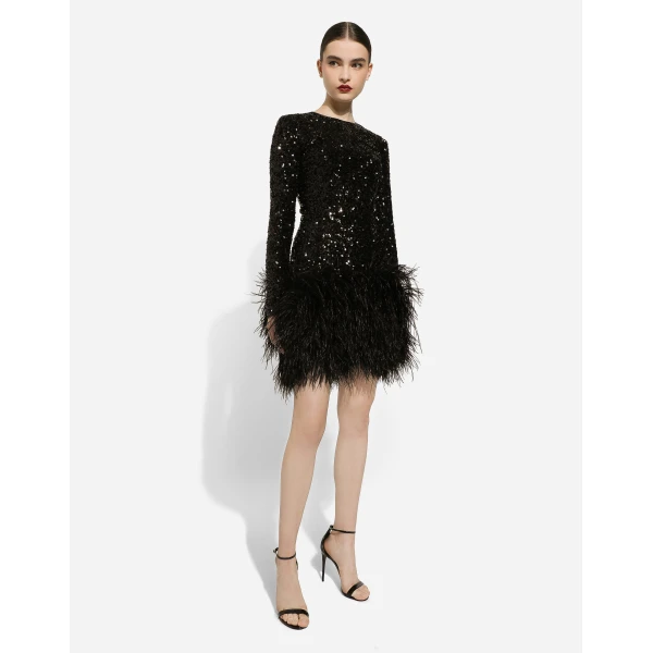 Dolce & Gabbana Short sequined dress with feather trim, view 5