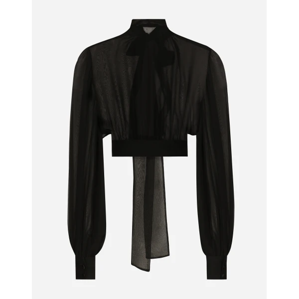 Dolce & Gabbana Short silk chiffon pussy-bow blouse, view 2