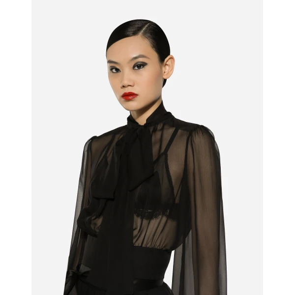 Dolce & Gabbana Short silk chiffon pussy-bow blouse, view 5