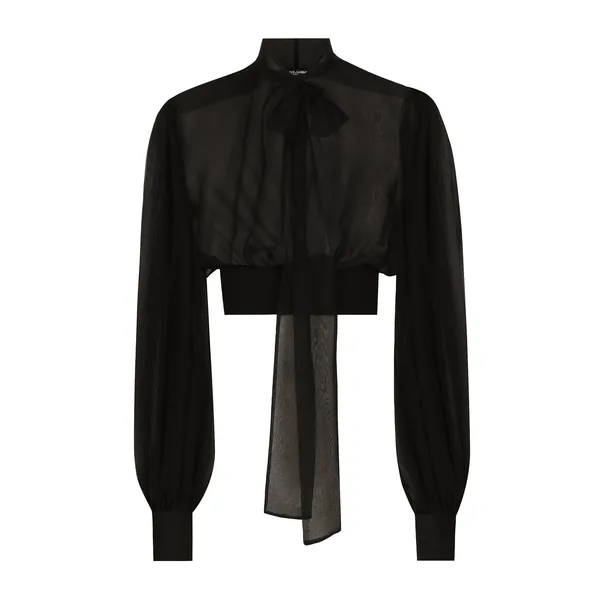 Short silk chiffon pussy-bow blouse