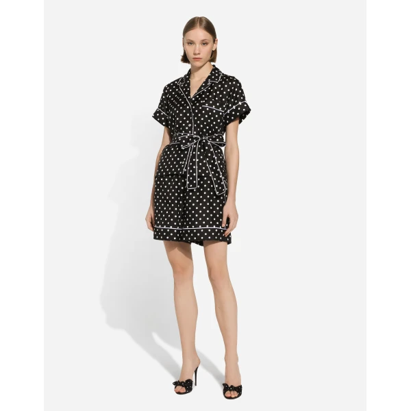 Dolce & Gabbana Short-sleeved silk pajama shirt with polka-dot print, view 2