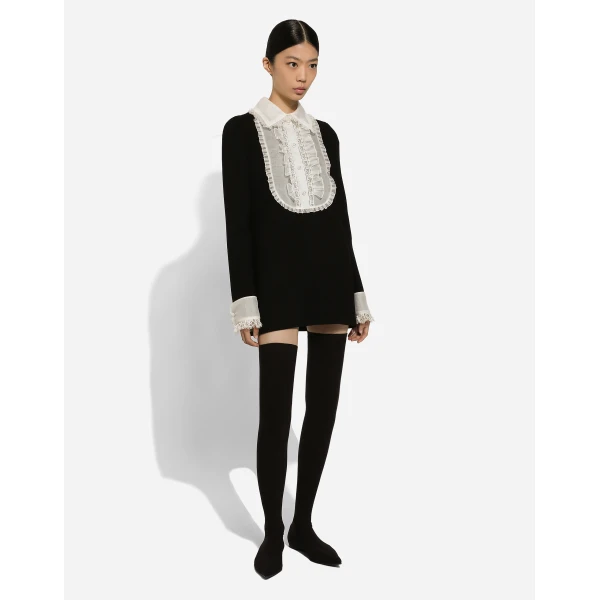 Dolce & Gabbana Short wool crepe dress with organza shirt front, view 3