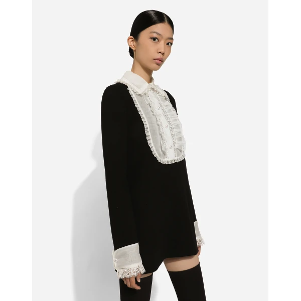Dolce & Gabbana Short wool crepe dress with organza shirt front, view 5