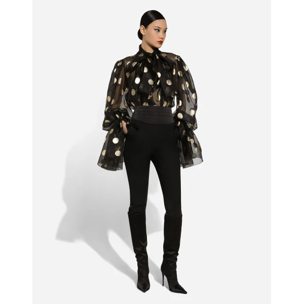 Dolce & Gabbana Silk organza jacquard blouse with polka-dot design and pussy-bow, view 2