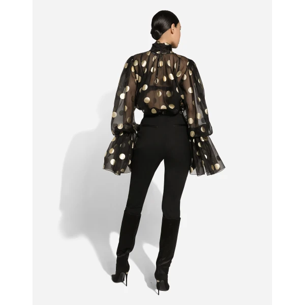 Dolce & Gabbana Silk organza jacquard blouse with polka-dot design and pussy-bow, view 3