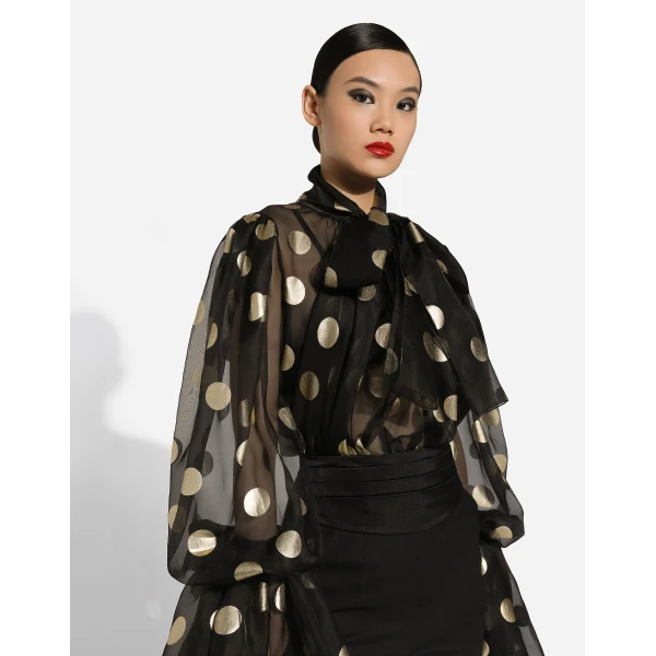 Dolce & Gabbana Silk organza jacquard blouse with polka-dot design and pussy-bow, view 4