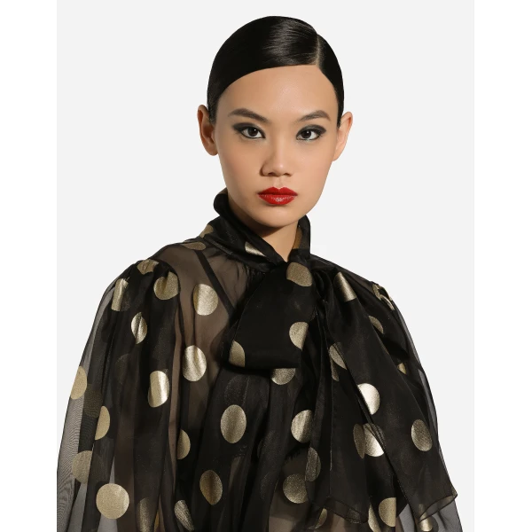 Dolce & Gabbana Silk organza jacquard blouse with polka-dot design and pussy-bow, view 6