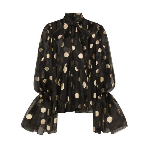 Silk organza jacquard blouse with polka-dot design and pussy-bow