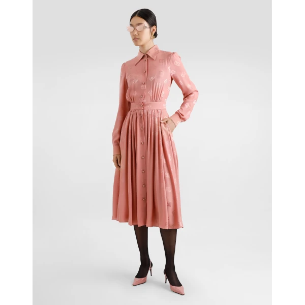 Dolce & Gabbana Silk satin jacquard shirt dress with DG logo, view 2