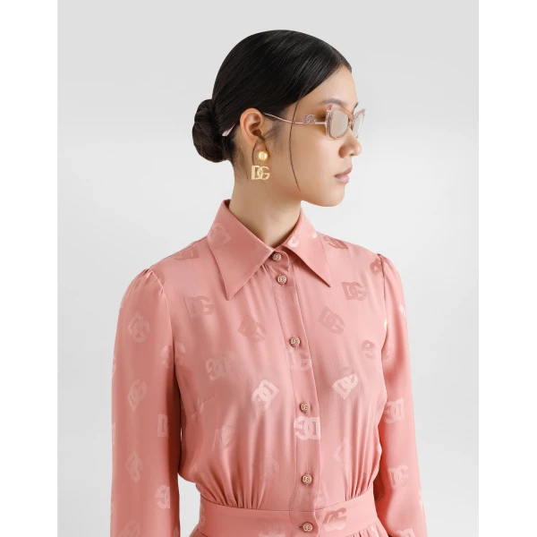 Dolce & Gabbana Silk satin jacquard shirt dress with DG logo, view 5