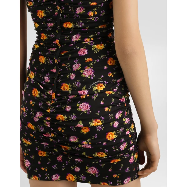 Dolce & Gabbana Small rose bouquets-print draped charmeuse dress, view 5