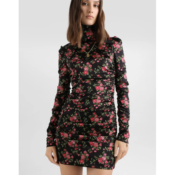 Dolce & Gabbana Small rose bouquets-print long satin dress, view 4