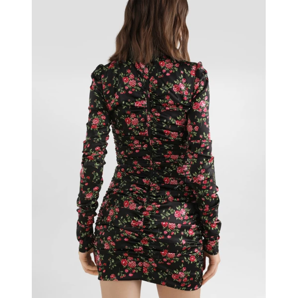 Dolce & Gabbana Small rose bouquets-print long satin dress, view 5