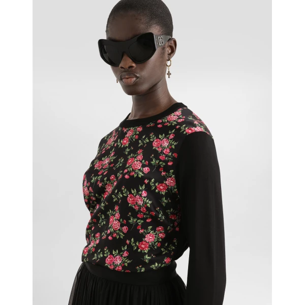 Dolce & Gabbana Small rose bouquets-print silk and satin pullover Knit, view 4