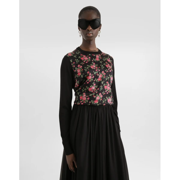 Dolce & Gabbana Small rose bouquets-print silk and satin pullover Knit, view 5