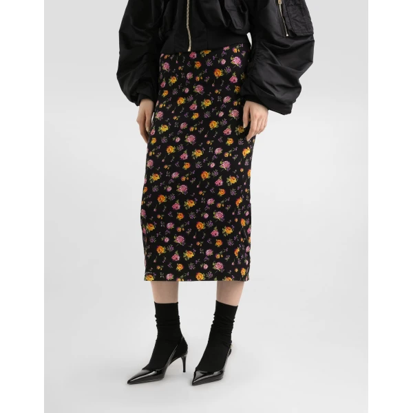 Dolce & Gabbana Small rose bouquets-print straight charmeuse skirt, view 4
