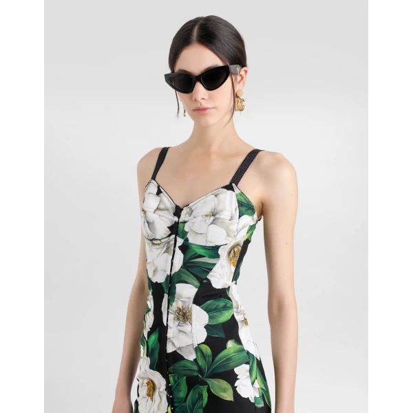 Dolce & Gabbana Stretch marquisette midi dress with gardenia print, view 4