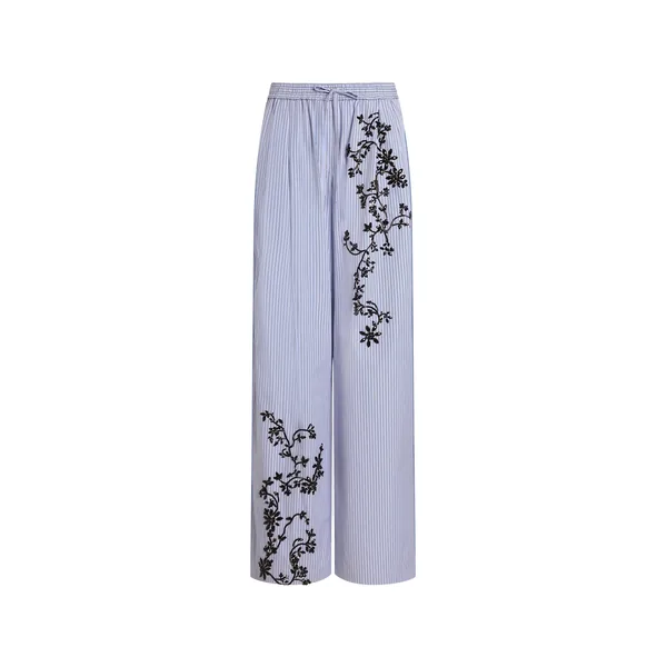 Striped poplin trousers with flowers embroidery