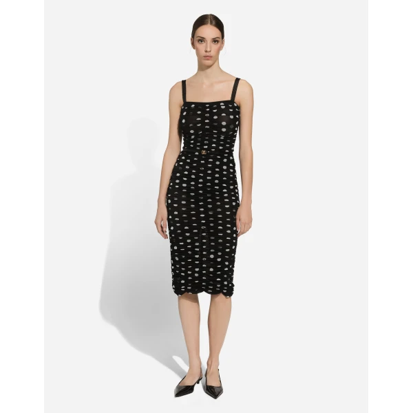 Dolce & Gabbana Tulle calf-length sheath dress with draping and polka-dot print, view 2