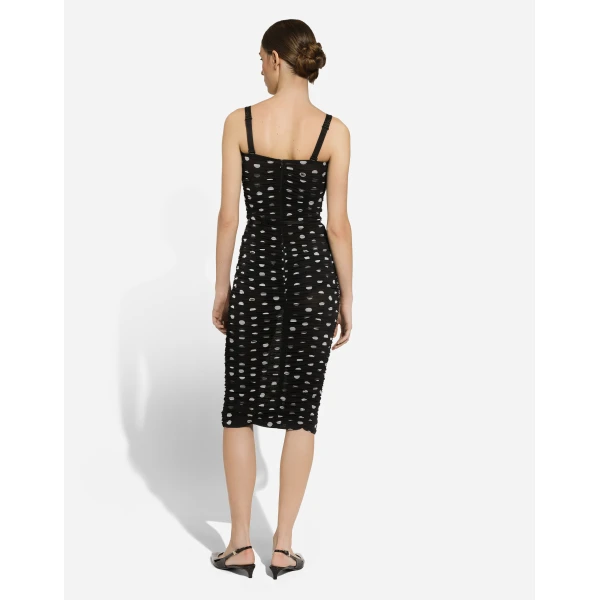 Dolce & Gabbana Tulle calf-length sheath dress with draping and polka-dot print, view 3