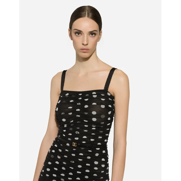 Dolce & Gabbana Tulle calf-length sheath dress with draping and polka-dot print, view 4