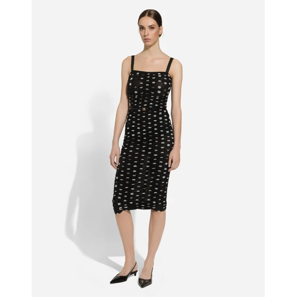 Dolce & Gabbana Tulle calf-length sheath dress with draping and polka-dot print, view 6
