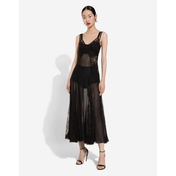 Dolce & Gabbana Tulle midi slip dress with lace inserts, view 2