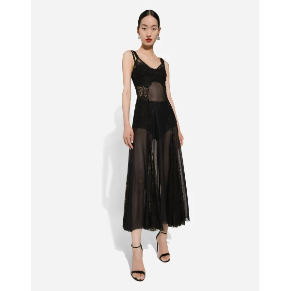 Dolce & Gabbana Tulle midi slip dress with lace inserts, view 5