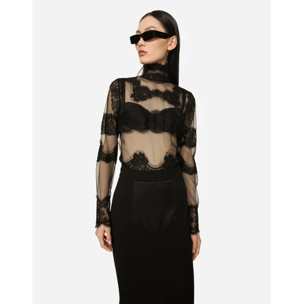 Dolce & Gabbana Tulle turtle-neck top with lace inserts, view 4