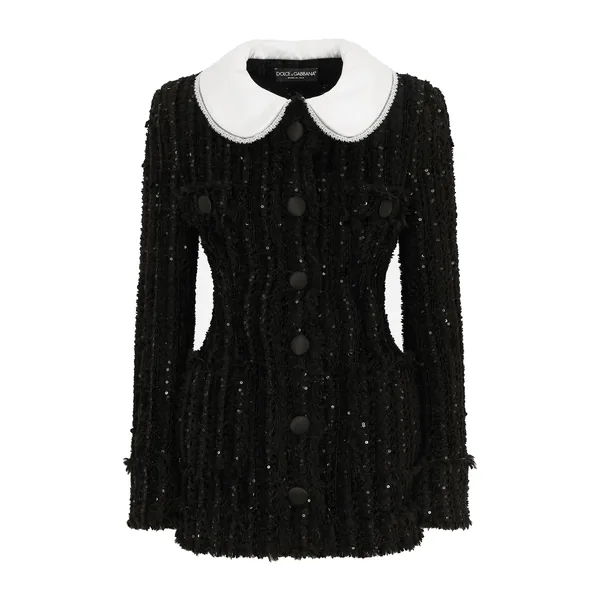 Tweed jacket with micro-sequin embellishment and satin collar