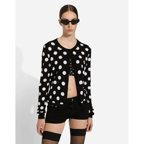 Dolce & Gabbana Wool and silk cardigan with polka-dot inlay, view 5