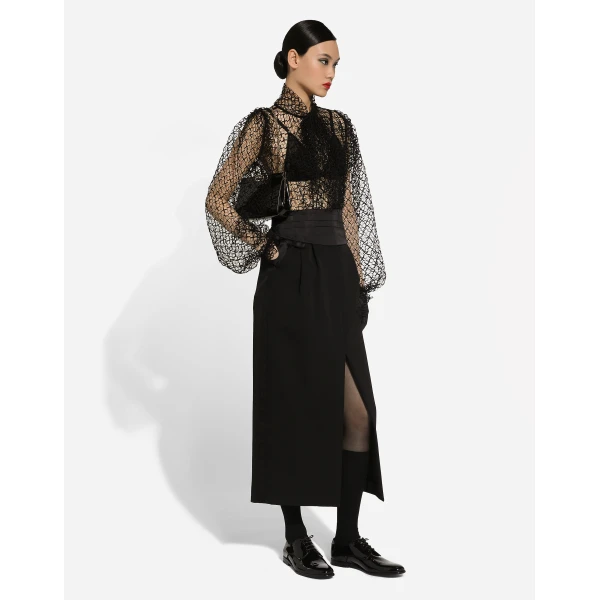 Dolce & Gabbana Wool gabardine calf-length tuxedo pencil skirt, view 3