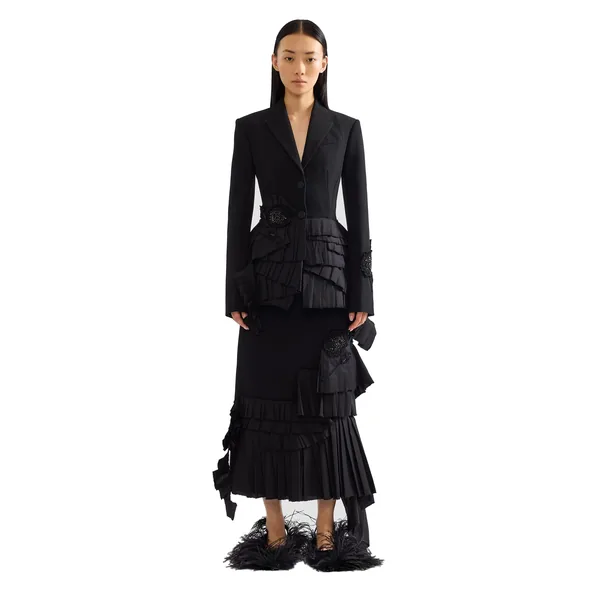 Erdem Embroidered Grain De Poudre Midi Pencil Skirt, view 4