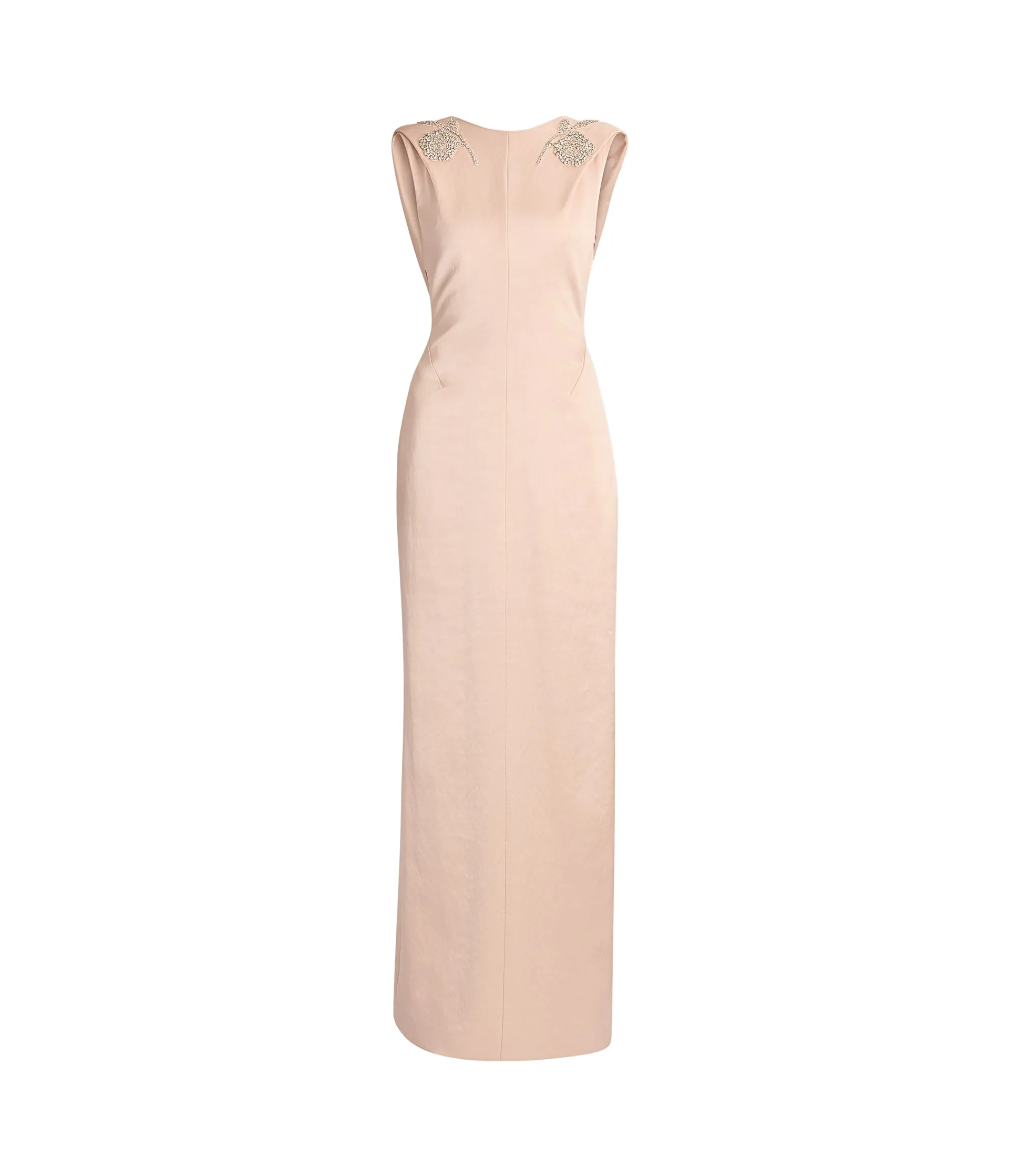 Embroidered Heavy Satin Sleeveless Draped Gown
