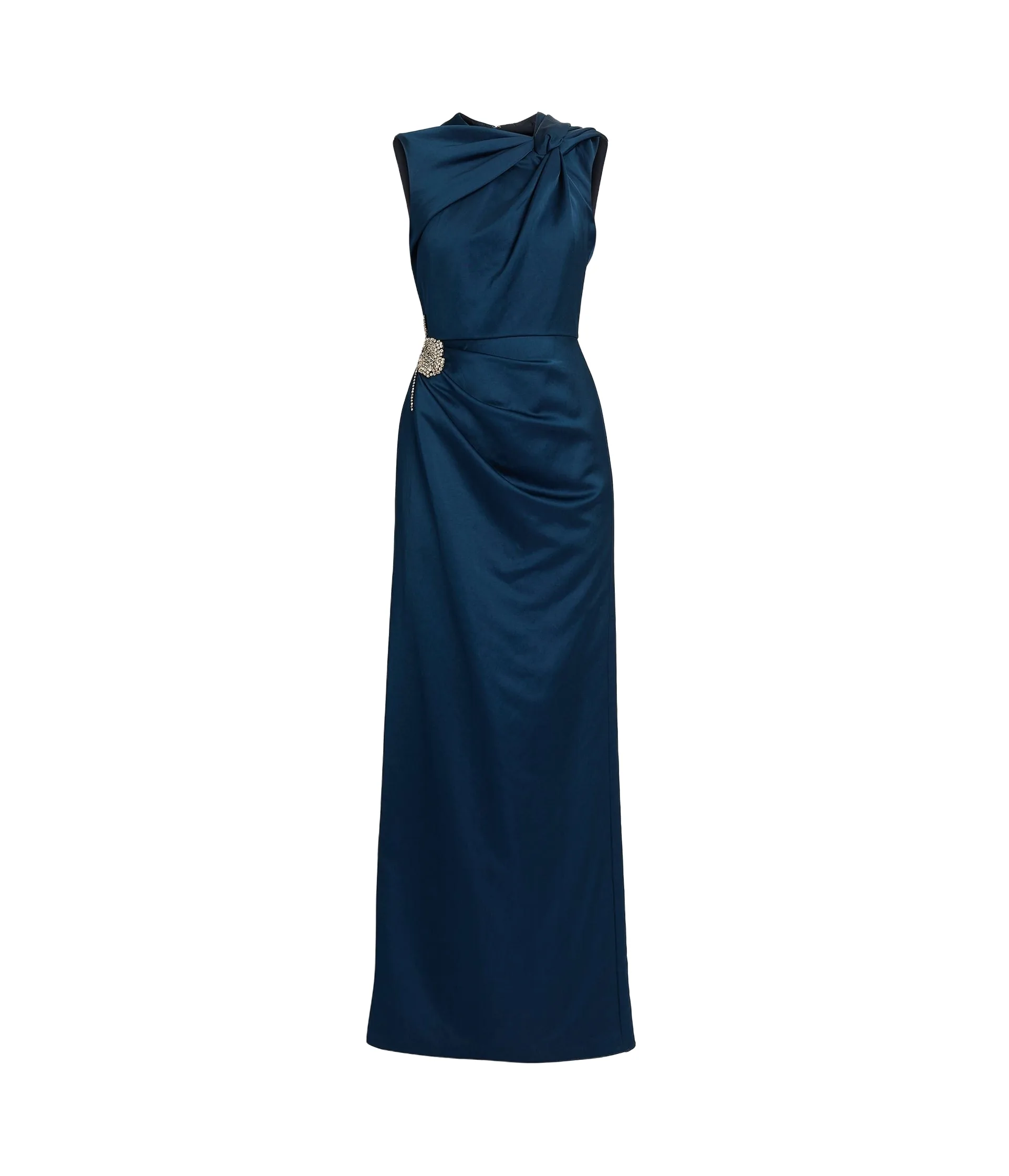 Embroidered Heavy Satin Sleeveless Pencil Gown