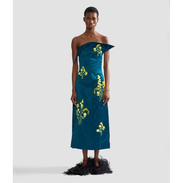 Erdem Embroidered Textured Satin Midi Pencil Dress, view 2