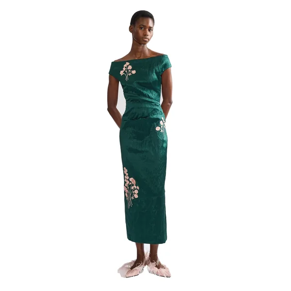 Erdem Embroidered Textured Satin Midi Pencil Dress, view 6
