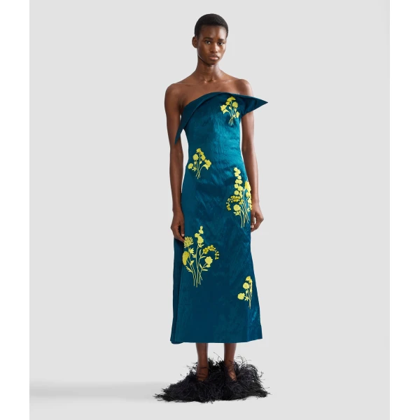 Erdem Embroidered Textured Satin Midi Pencil Dress, view 6