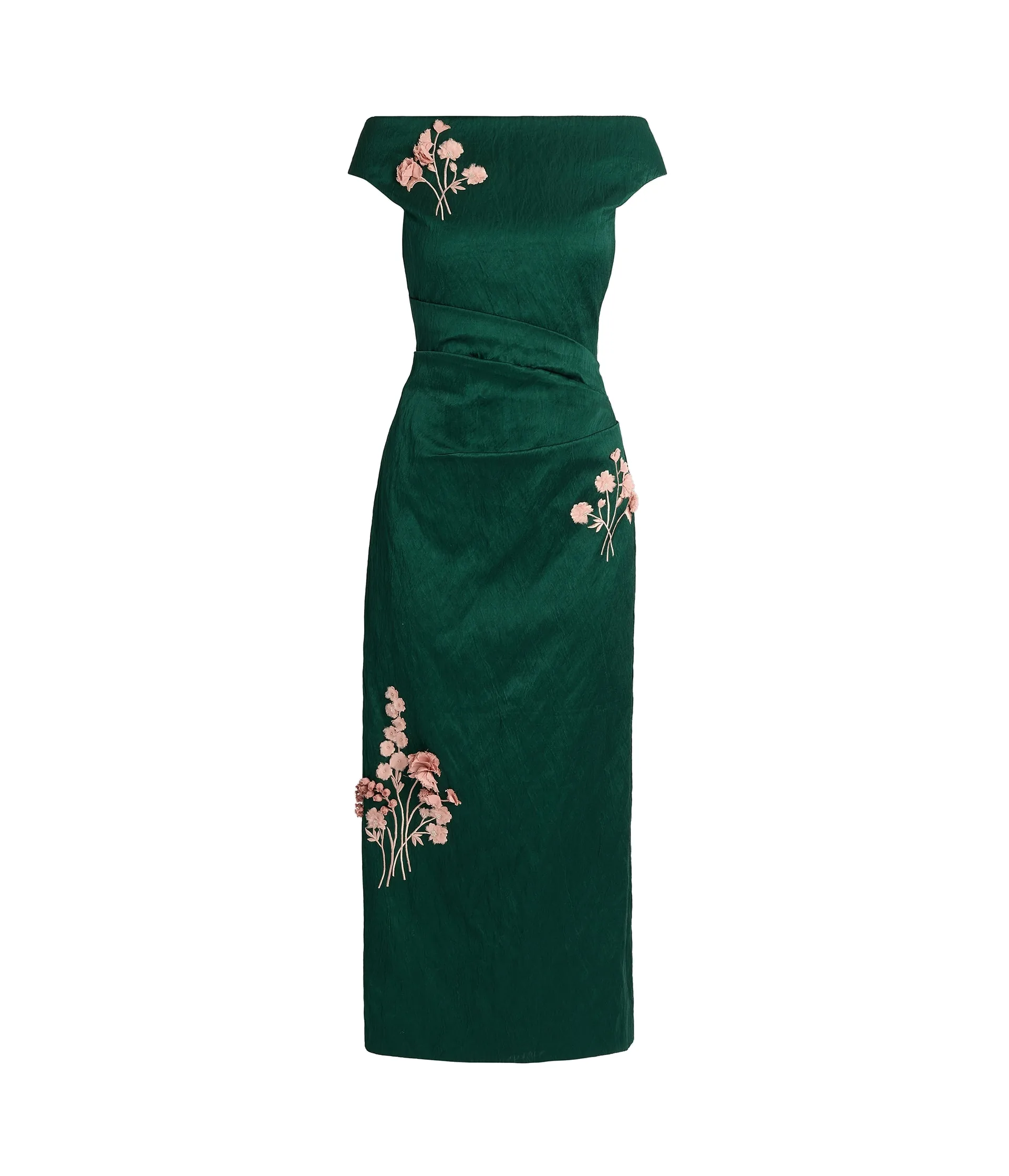 Embroidered Textured Satin Midi Pencil Dress