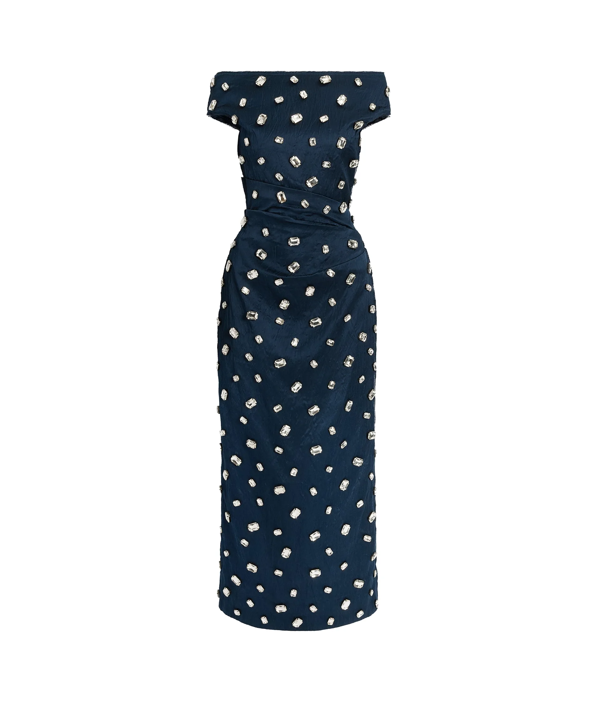 Embroidered Textured Satin Midi Pencil Dress
